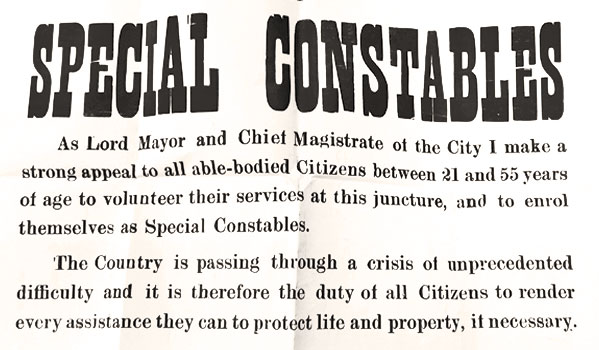 Poster urging men to enroll as Special Constables. Cardiff 1912