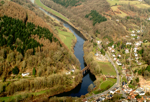 Aerial view of ancient woodland on the flanks of the Wye River Valley.