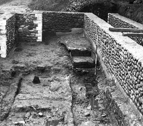 Foundation of wall at West gate, Cardiff Castle exposed during the excavations of the 1900.Copyright© National Museum of Wales